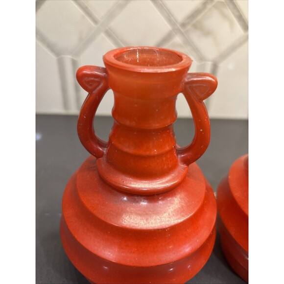 Pair Of Vintage Glass Jugs Urn Style Ribbed Globular Vases  Red 6” Tall - Picture 7 of 13